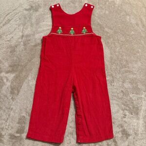 Edgehill Collection Toddler Red Corduroy Smocked Christmas Tree Overalls 24M